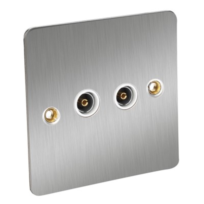 Flat Plate 2 Gang TV Socket - BS3041 *Satin Chrome/White Insert - Click Image to Close